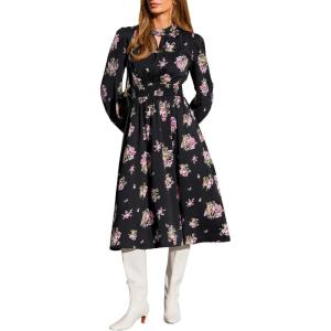 CUPSHE Womens Midi Fall Dresses Fashion High Neck Floral Long Sleeve Smocked Casual A Line Flowy Long Wedding Guest Dress(Black Floral)