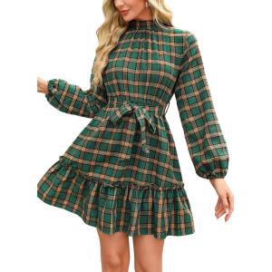 CUPSHE Women’s Mini Dress High Neck Plaid Long Sleeve Belted Ruffled Hem Short Dresses(Green)
