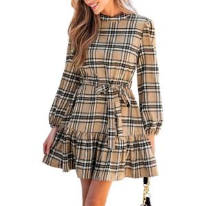 CUPSHE Women’s Mini Dress High Neck Plaid Long Sleeve Belted Ruffled Hem Short Dresses(Khaki)