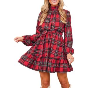 CUPSHE Women’s Mini Dress High Neck Plaid Long Sleeve Belted Ruffled Hem Short Dresses(Red Plaid)