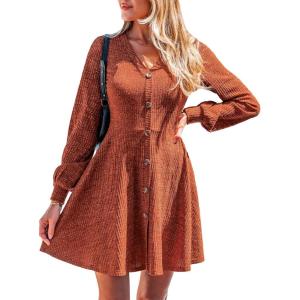 CUPSHE Womens Mini Fall Dress Knit V Neck Casual Button Long Sleeve Short Flowy Sweater Dress(Rust Red)