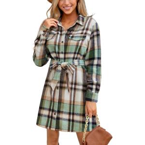 CUPSHE Women’s Mini Fall Dresses Button Long Sleeves Plaid Belted Casual Short A Line Shirt Dress(Mint Plaid)