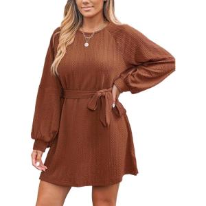 CUPSHE Womens Mini Fall Dresses Round Neck Casual Long Sleeve Woven Belted Short Work Outfit A Line Flowy Dress(Brown)