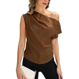 CUPSHE Womens Off Shoulder Blouses Shirts Short Sleeve Asymmetrical Going Out Blouses Tops Shirts(Light Brown)