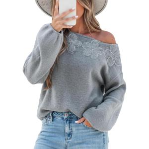 CUPSHE Womens Off The Shoulder Sweaters Long Sleeve Lightweight Knit Casual Pullover Sweater Tops(B-grey)
