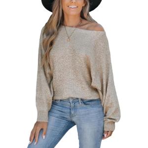 CUPSHE Womens Off The Shoulder Sweaters Long Sleeve Lightweight Knit Casual Pullover Sweater Tops(Khaki)