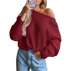 CUPSHE Womens Off The Shoulder Sweaters Long Sleeve Lightweight Knit Casual Pullover Sweater Tops(Red)