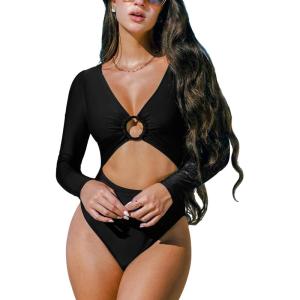 CUPSHE Women’s One Piece Swimsuit Rash Guard Long Sleeve Cutout UPF 50+ UV Deep V Neck O-Ring(Black)