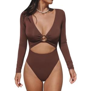 CUPSHE Women’s One Piece Swimsuit Rash Guard Long Sleeve Cutout UPF 50+ UV Deep V Neck O-Ring(Burgundy Red)