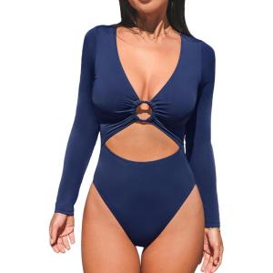 CUPSHE Women’s One Piece Swimsuit Rash Guard Long Sleeve Cutout UPF 50+ UV Deep V Neck O-Ring(Dark Navy Blue)