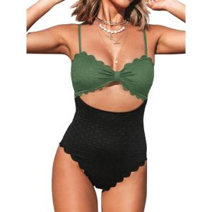 CUPSHE Women’s One Piece Swimsuit Sexy Black Cutout Scallop Trim Bathing Suit(Black/Green)