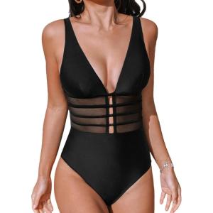 CUPSHE Women’s One Piece Swimsuit Tummy Control Bathing Suit Deep V Neck Cut Out Mesh Adjustable Straps(Black)