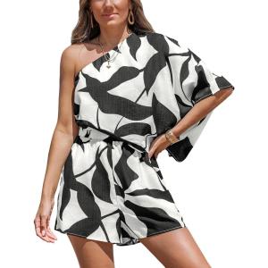 CUPSHE Women’s One Shoulder Romper 3/4 Sleeve Wide Leg Mini Jumpsuit Short Draped Bodice Romper Casual Summer Loose Outfit(Black White)