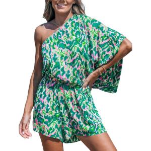 CUPSHE Women’s One Shoulder Romper 3/4 Sleeve Wide Leg Mini Jumpsuit Short Draped Bodice Romper Casual Summer Loose Outfit(Green Leopard)