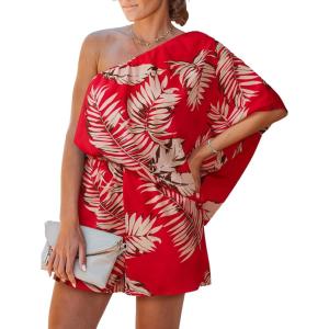CUPSHE Women’s One Shoulder Romper 3/4 Sleeve Wide Leg Mini Jumpsuit Short Draped Bodice Romper Casual Summer Loose Outfit(Red Leaves)