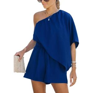 CUPSHE Women’s One Shoulder Romper 3/4 Sleeve Wide Leg Mini Jumpsuit Short Draped Bodice Romper Casual Summer Loose Outfit(Royal Blue)