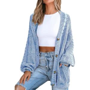 CUPSHE Women’s Oversized Cardigan Sweater Open Front 2025 Fall Long Sleeve Chunky Knit Button Loose Outwear with Pockets(Blue)