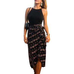 CUPSHE Women’s Party Dresses Casual Halter Sleeveless Wrap Floral Belted Long Cocktail Summer Dress(Black)