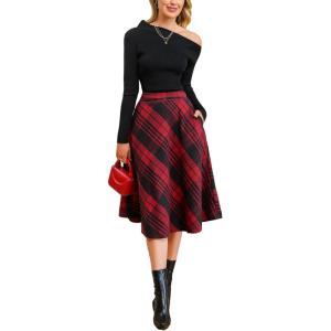 CUPSHE Women’s Plaid Maxi Skirts Dressy A Line Tie Waist Long Skirt Casual Vintage Office with Pockets(Red)