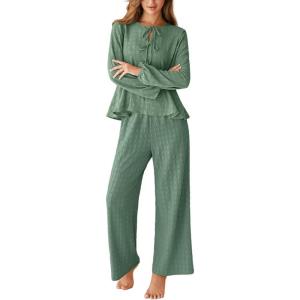 CUPSHE Womens Puff Long Sleeve Lounge Sets 2 Piece Bow Tie Front Ruffle Top Wide Leg Pants Casual Pajamas Set(Green)