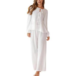 CUPSHE Womens Puff Long Sleeve Lounge Sets 2 Piece Bow Tie Front Ruffle Top Wide Leg Pants Casual Pajamas Set(White)