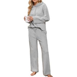 CUPSHE Womens Ribbed Knit Pajama Sets Long Sleeve Loungewear 2 Piece Soft and Comfy Lounge PJs Sets(Grey)