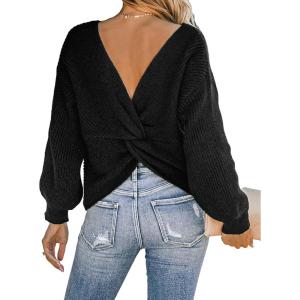 CUPSHE Womens Ribbed Knit Pullover Sweater Fall Crewneck Long Sleeve Twist Back Backless Sweater Tops(Black)
