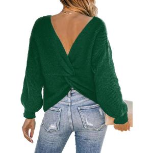 CUPSHE Womens Ribbed Knit Pullover Sweater Fall Crewneck Long Sleeve Twist Back Backless Sweater Tops(Green)