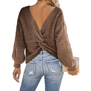 CUPSHE Womens Ribbed Knit Pullover Sweater Fall Crewneck Long Sleeve Twist Back Backless Sweater Tops(Khaki)