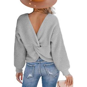 CUPSHE Womens Ribbed Knit Pullover Sweater Fall Crewneck Long Sleeve Twist Back Backless Sweater Tops(Light Grey)