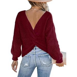 CUPSHE Womens Ribbed Knit Pullover Sweater Fall Crewneck Long Sleeve Twist Back Backless Sweater Tops(Red)