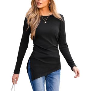 CUPSHE Womens Ribbed Long Sleeve Shirts Asymmetrical Trendy Blouse Tops Fall Fashion Outfits(Black)