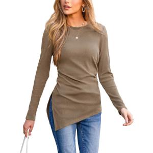 CUPSHE Womens Ribbed Long Sleeve Shirts Asymmetrical Trendy Blouse Tops Fall Fashion Outfits(Coffee)