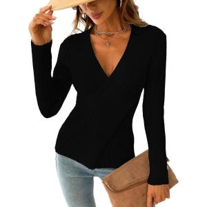CUPSHE Womens Ribbed Sweaters Surplice Fall Knit Sweater Long Sleeve Wrap Sweater Tops(Black)