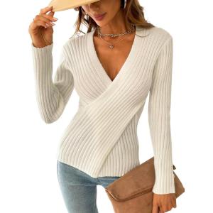 CUPSHE Womens Ribbed Sweaters Surplice Fall Knit Sweater Long Sleeve Wrap Sweater Tops(Cream White)