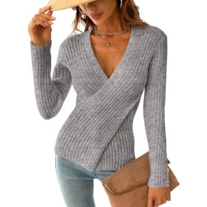 CUPSHE Womens Ribbed Sweaters Surplice Fall Knit Sweater Long Sleeve Wrap Sweater Tops(Grey)