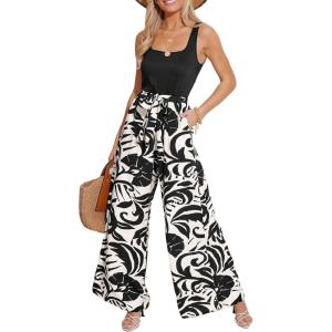 CUPSHE Women’s Romper Square Neck Sleeveless Belted Pocket Wide leg Maxi Outfit Casual Dressy(Black)