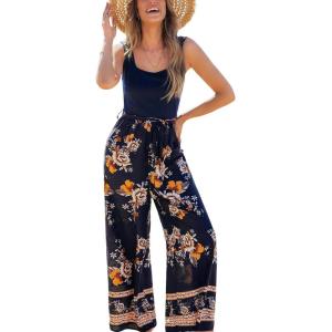 CUPSHE Women’s Romper Square Neck Sleeveless Belted Pocket Wide leg Maxi Outfit Casual Dressy(Navy)
