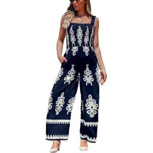 CUPSHE Women’s Romper Square Neck Sleeveless Jumpsuit Straight leg Outfit Casual Dressy(Navy Floral)