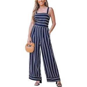 CUPSHE Women’s Romper Square Neck Sleeveless Stripe Tied Jumpsuit Wide leg Outfit Casual Dressy(Navy)