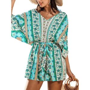CUPSHE Women’s Romper V Neck Half Sleeves Waist Boho Wide leg Jumpsuit Outfit Coverup Casual Vacation(Mint)