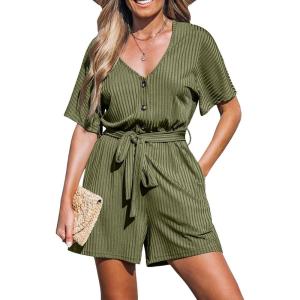 CUPSHE Women’s Romper Woven Ribbed V Neck Short Sleeves Straight leg Outfit Casual Dressy(Green)