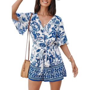 CUPSHE Women’s Romper Woven Surplice neckline Short sleeves Waist tie Wide leg Outfit Casual Dressy(Blue)