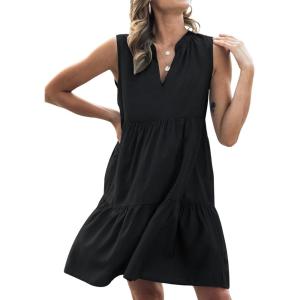 CUPSHE Women’s Ruffle Beach Mini Dress Split V Neck A Line Sleeveless Geometric Stripe Tropical Leaf Pattern Summer Dresses(Black)