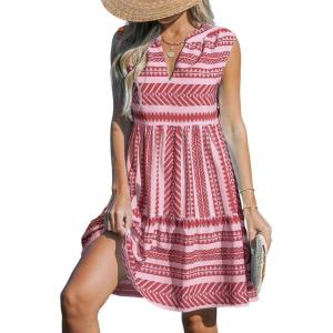 CUPSHE Women’s Ruffle Beach Mini Dress Split V Neck A Line Sleeveless Geometric Stripe Tropical Leaf Pattern Summer Dresses(Deep Pink Geometric)