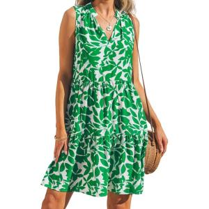 CUPSHE Women’s Ruffle Beach Mini Dress Split V Neck A Line Sleeveless Geometric Stripe Tropical Leaf Pattern Summer Dresses(Green Tropics)