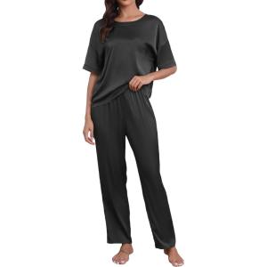 CUPSHE Womens Satin Silk Pajama Set Soft Pjs Sleepwear Short Sleeve Top with Long Pajama Pant Set(B-black)