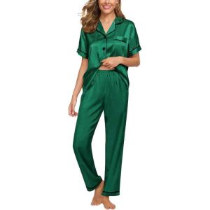 CUPSHE Womens Satin Silk Pajama Set Soft Pjs Sleepwear Short Sleeve Top with Long Pajama Pant Set(C-green)