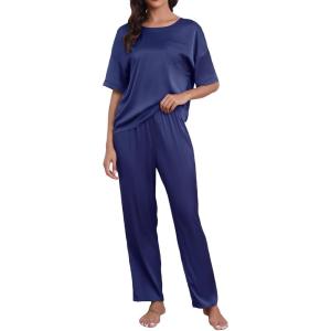 CUPSHE Womens Satin Silk Pajama Set Soft Pjs Sleepwear Short Sleeve Top with Long Pajama Pant Set(Navy Blue)