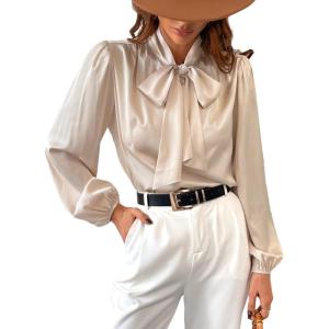 CUPSHE Women’s Satin Tops Bow Tie Lantern Long Sleeve Blouses Silk Business Tops Office Work Shirt(Champagne)